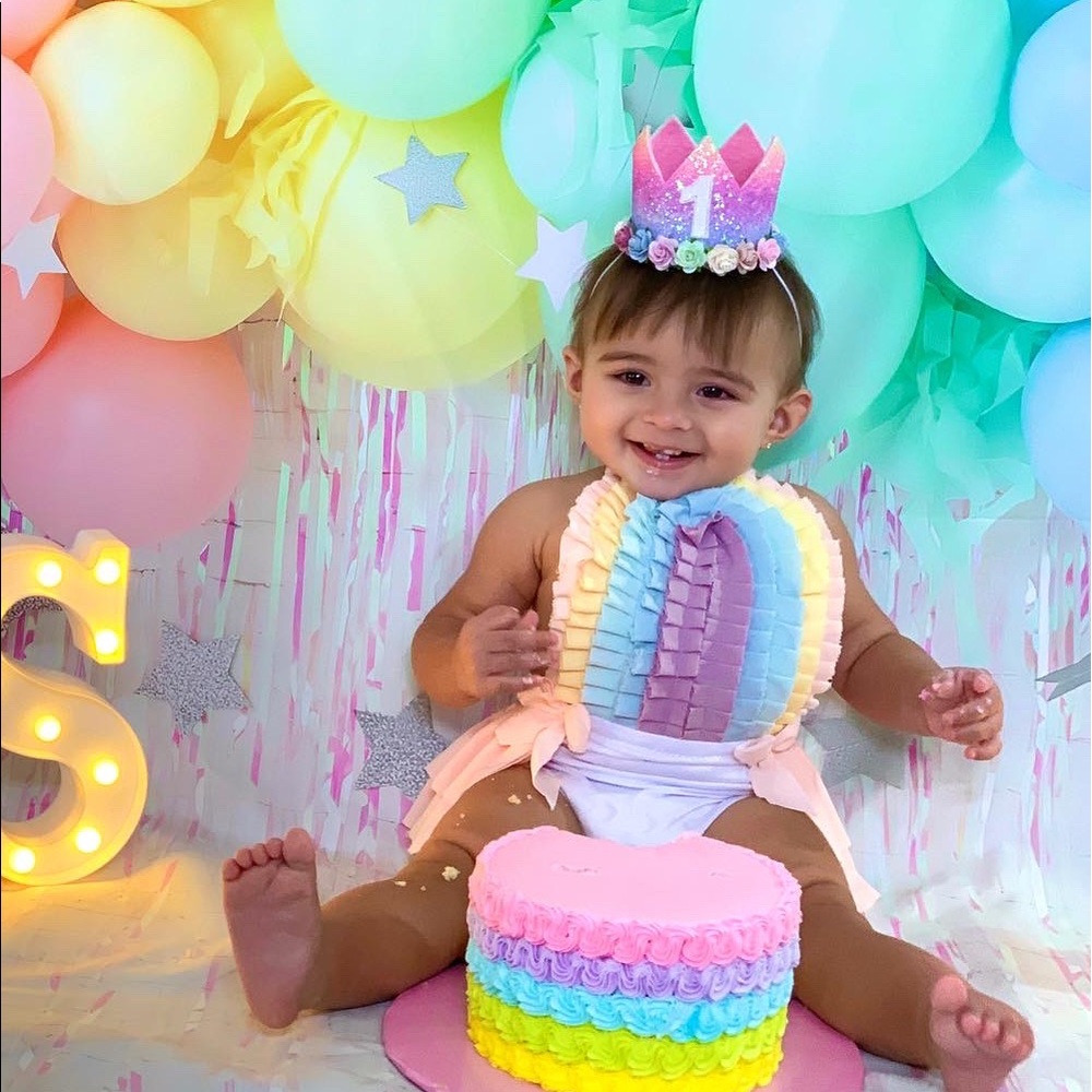 Beautiful rainbow romper 12-18m with hat. Smash cake outfit